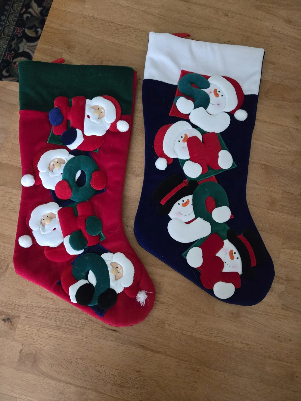 Christmas Holiday Stockings Set - Red & Navy Snowman/Santa Appliqué